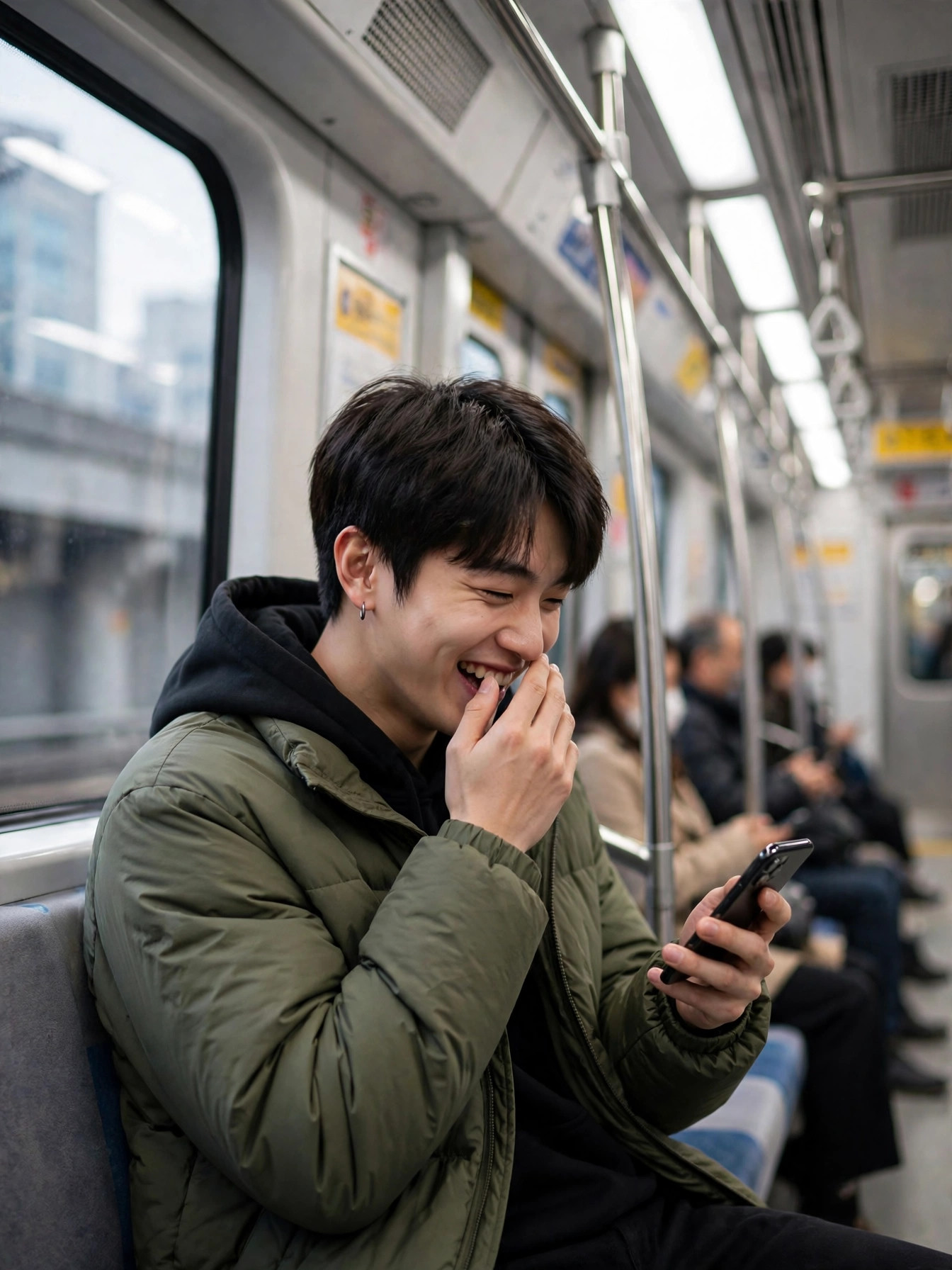지하철에서 휴대폰을 보며 웃는 모습