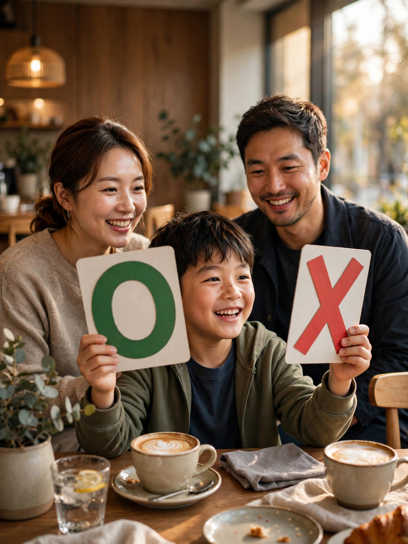 카페에서 OX 퀴즈를 즐기는 가족
