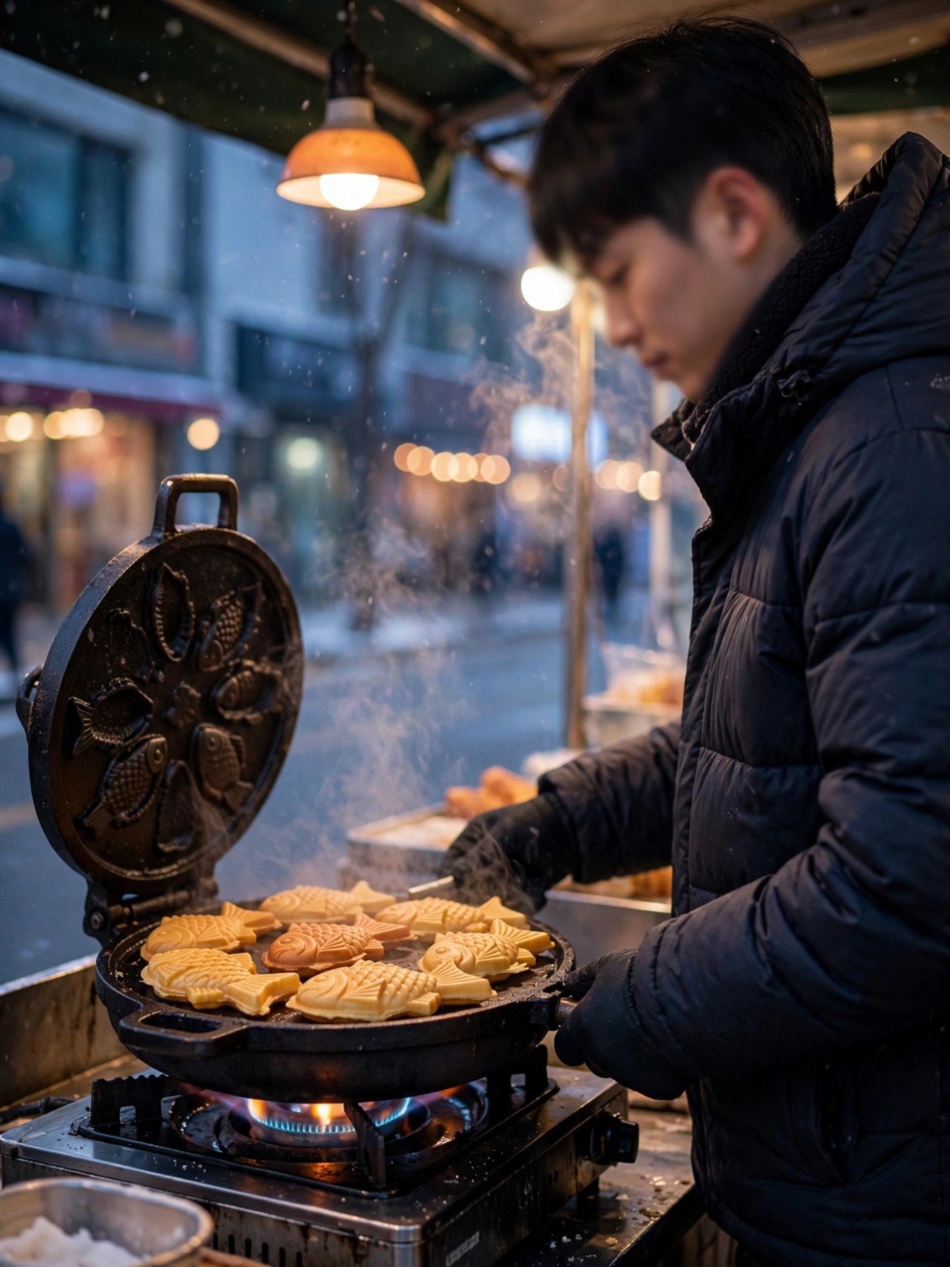 겨울 저녁 붕어빵 노점에서 붕어빵을 굽는 모습