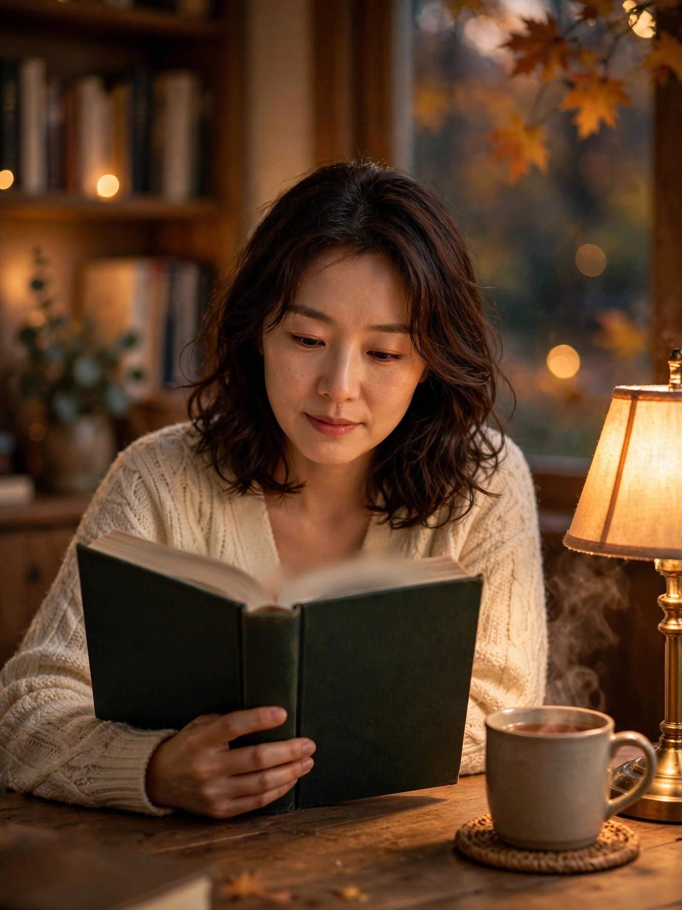 가을 저녁 고전을 읽는 모습