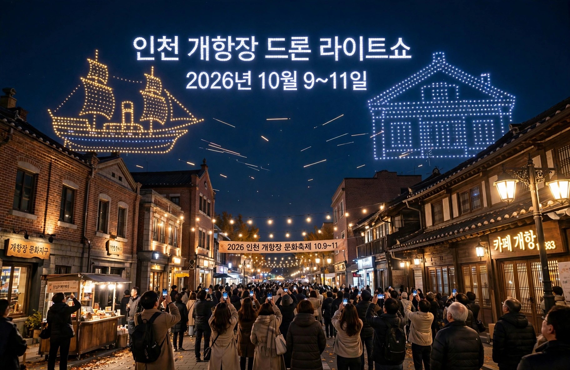 개항장 밤하늘을 수놓는 드론 라이트쇼와 관람객들