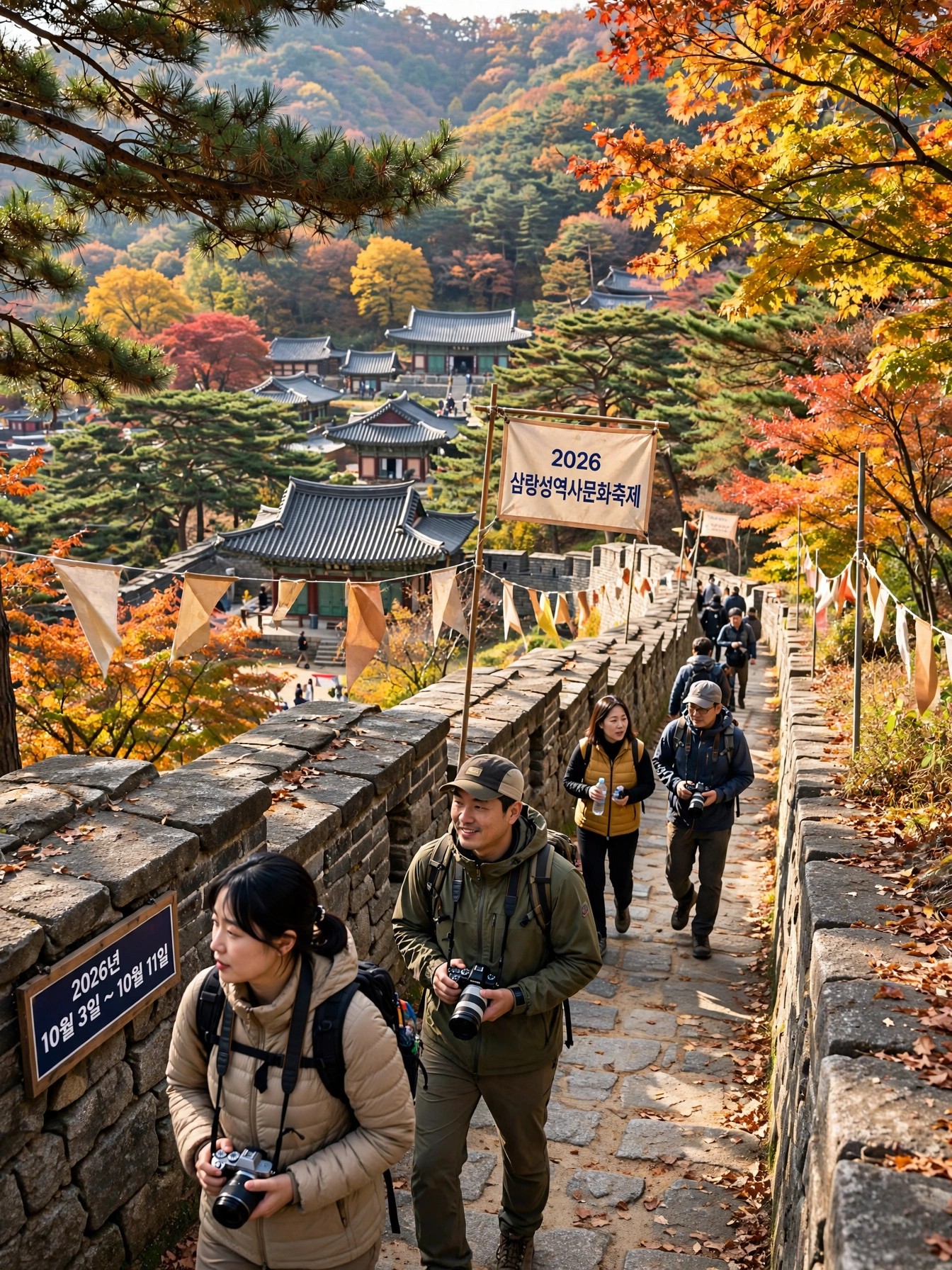 삼랑성 성곽길을 걷는 탐방객들
