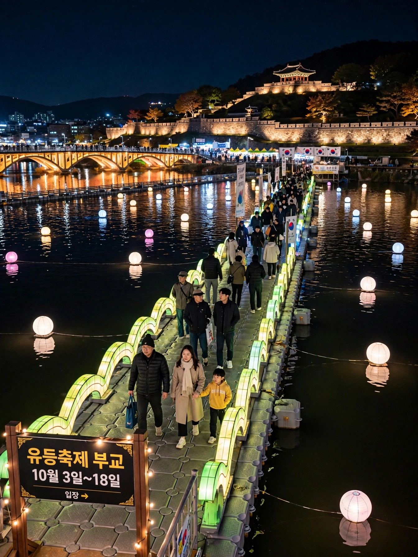 부교 위에서 바라본 유등 행렬