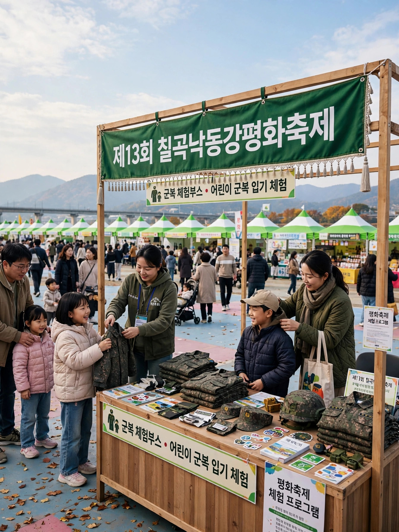 군복을 입고 소년병 체험을 즐기는 아이들