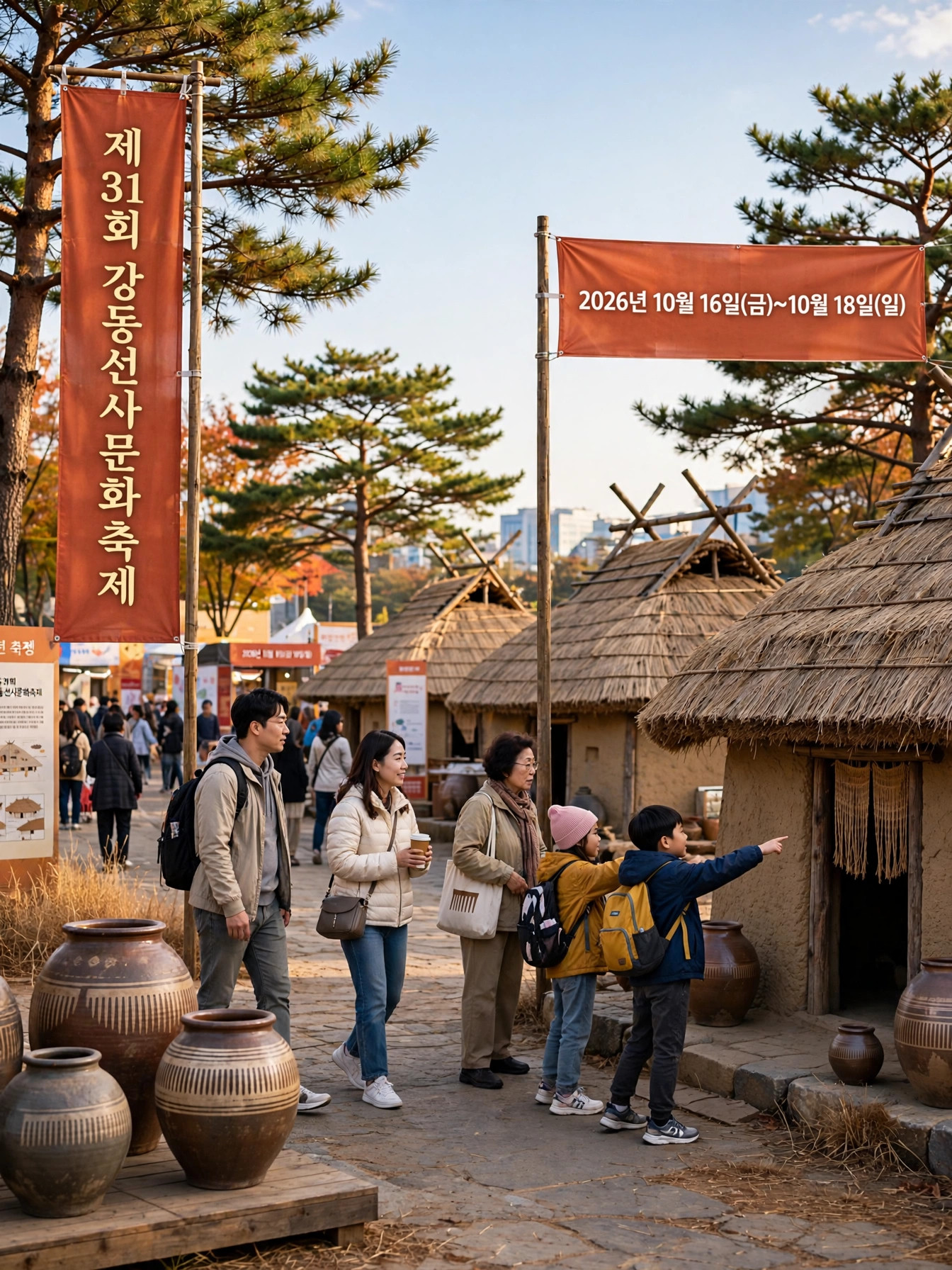 암사동 유적 축제장 전경 — 움집과 빗살무늬토기 조형물