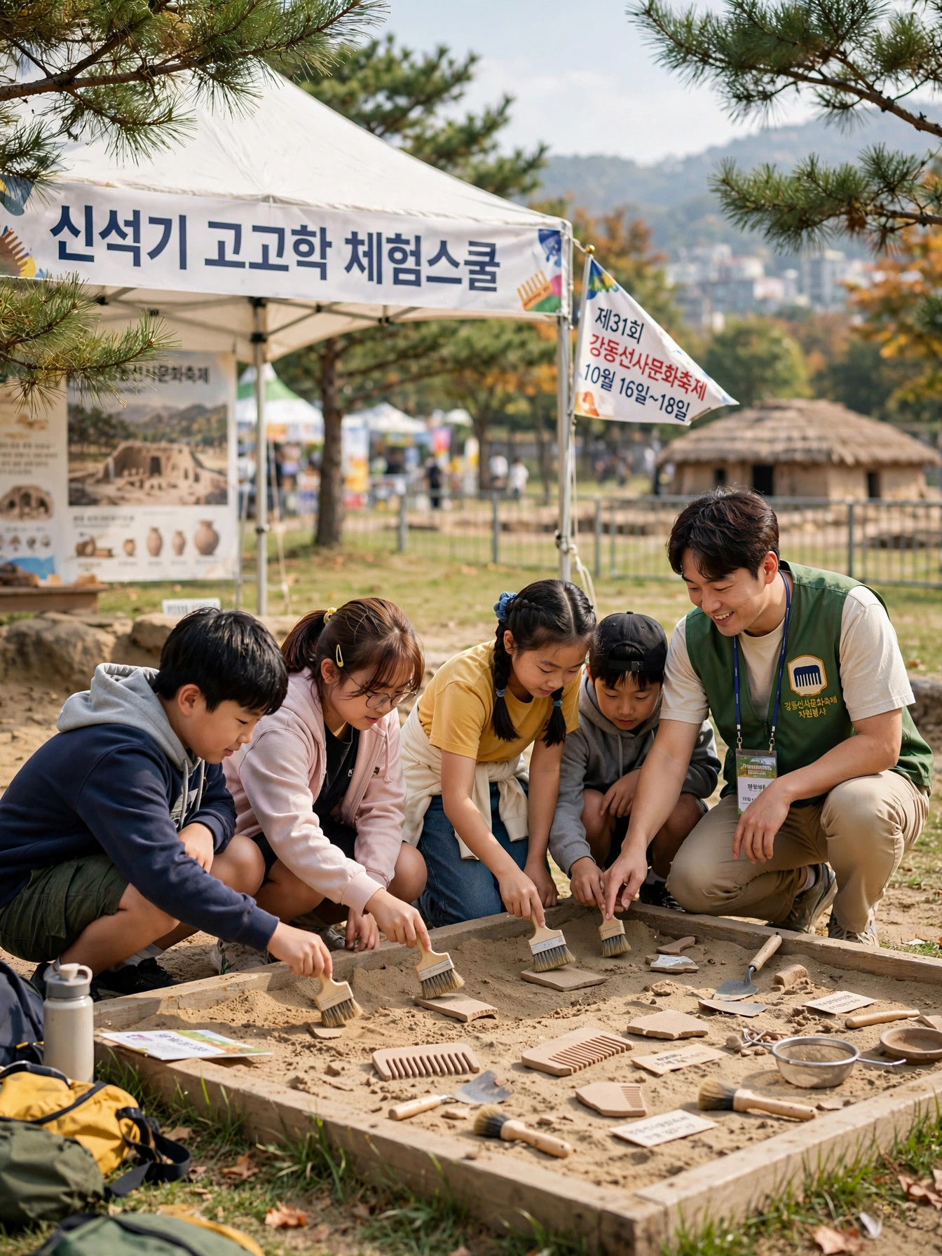 신석기 고고학 체험스쿨에서 유물을 찾아보는 아이들