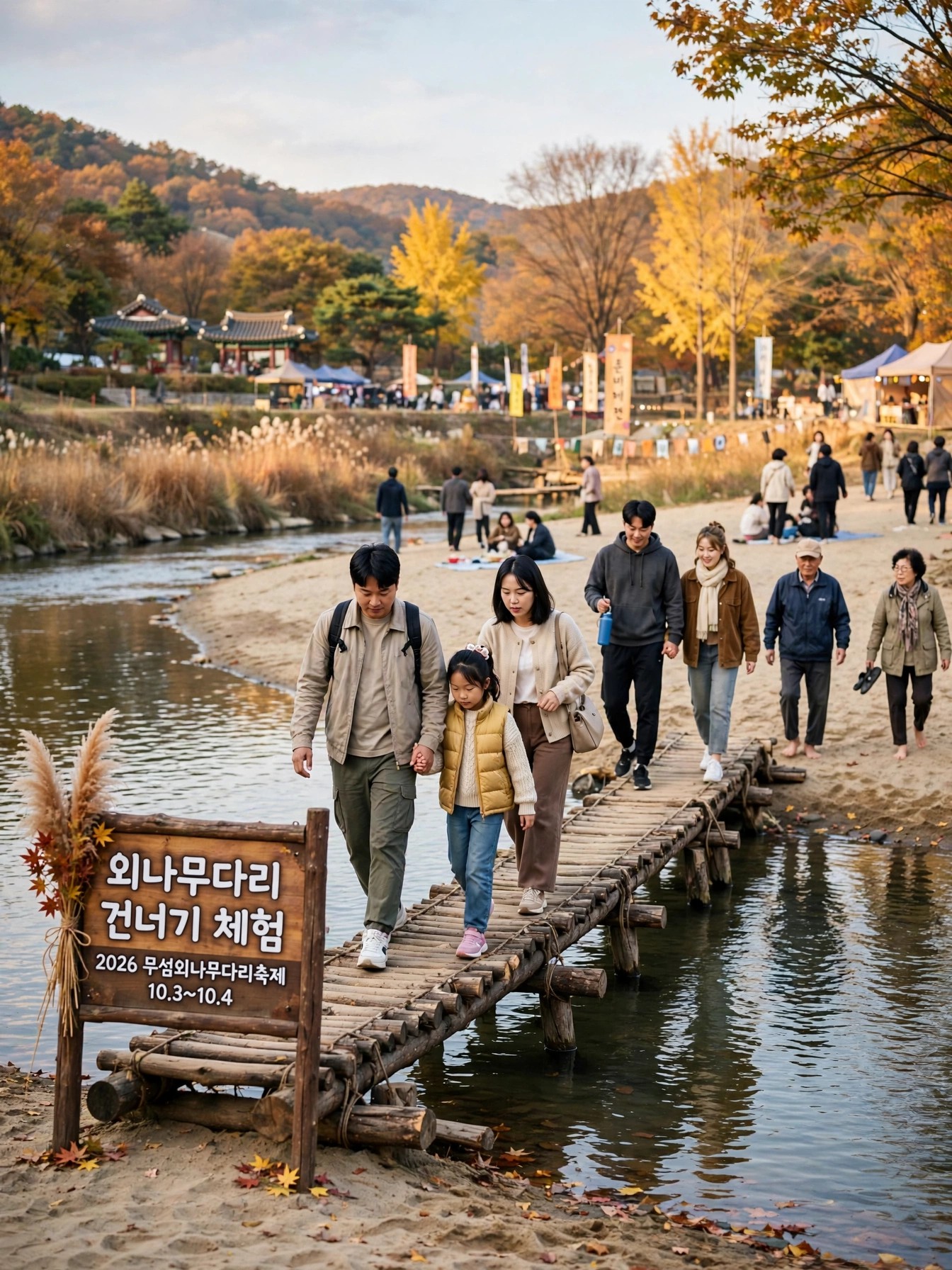 외나무다리를 건너는 체험객들