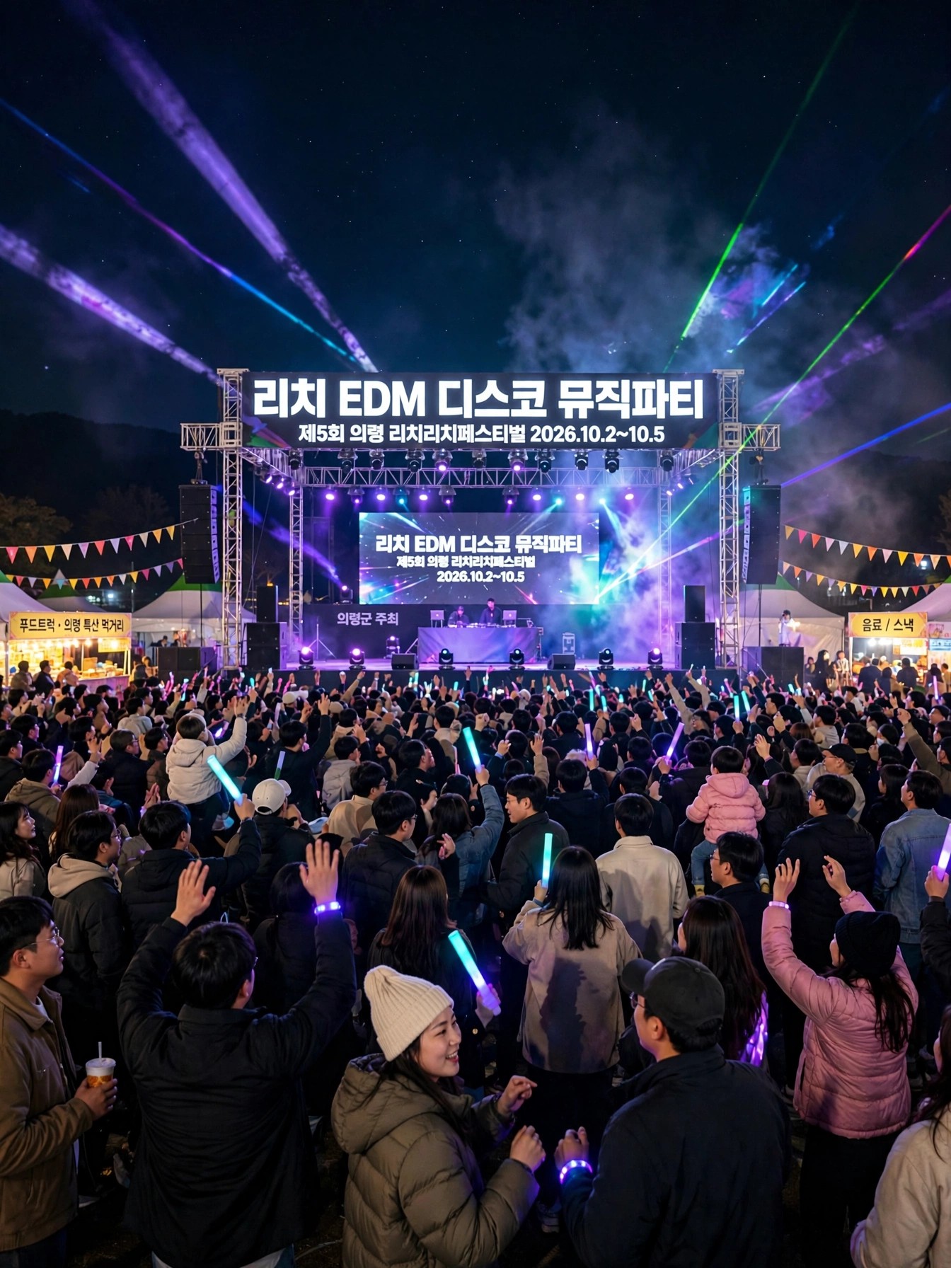 밤하늘 아래 야간 콘서트 인파